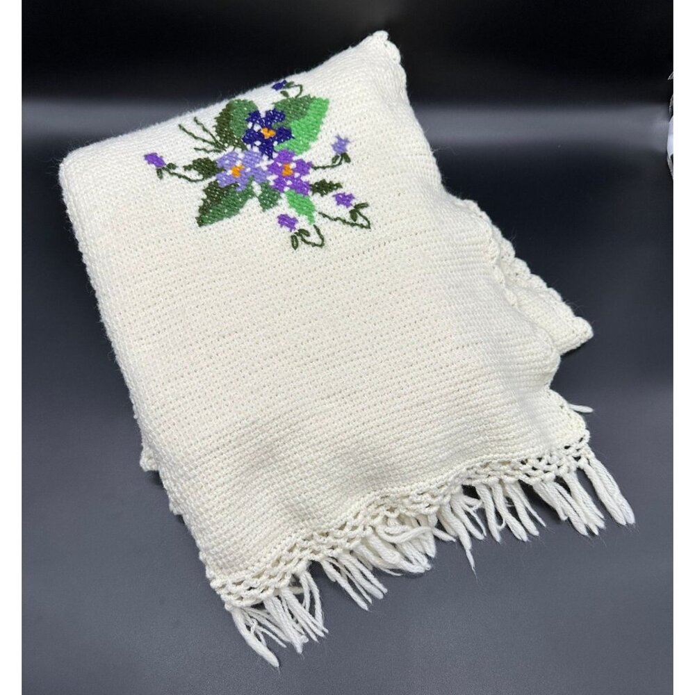 Vintage Afghan Throw Blanket Purple Violets Handmade Crochet Fringe Cottage READ